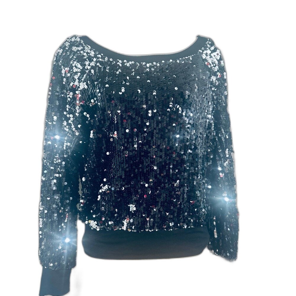 Guess by Marciano Holiday Festive Black Sequin Stretch Off Shoulders Top XS